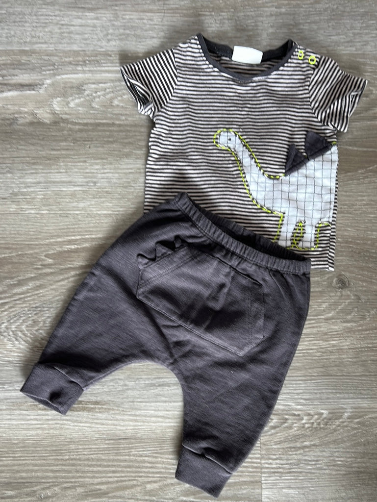 Second Hand baby Next grey dinosaur tee and joggers set up to 1 month