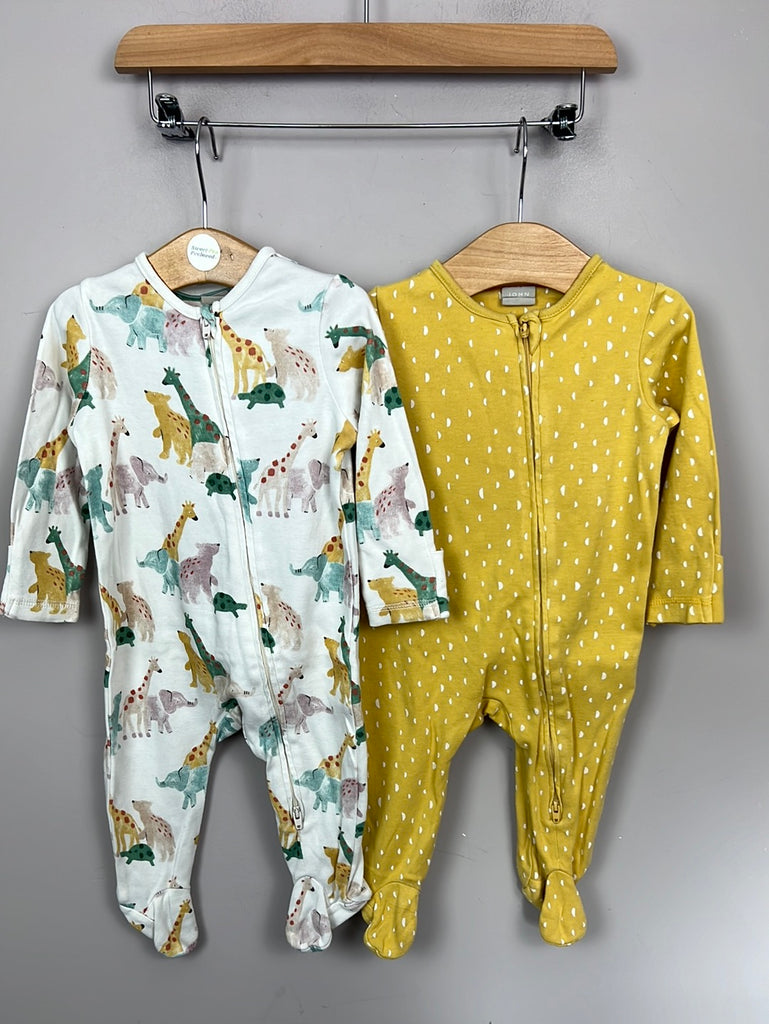 Pre Loved Baby John Lewis zip yellow/animal sleepsuits 3-6m