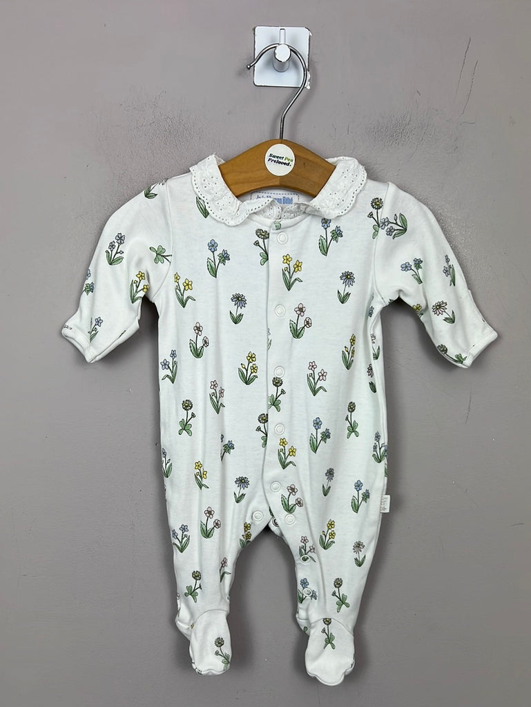Pre Loved Newborn Jojo Maman Bebe White Floral Sleepsuit with Broderie Collar