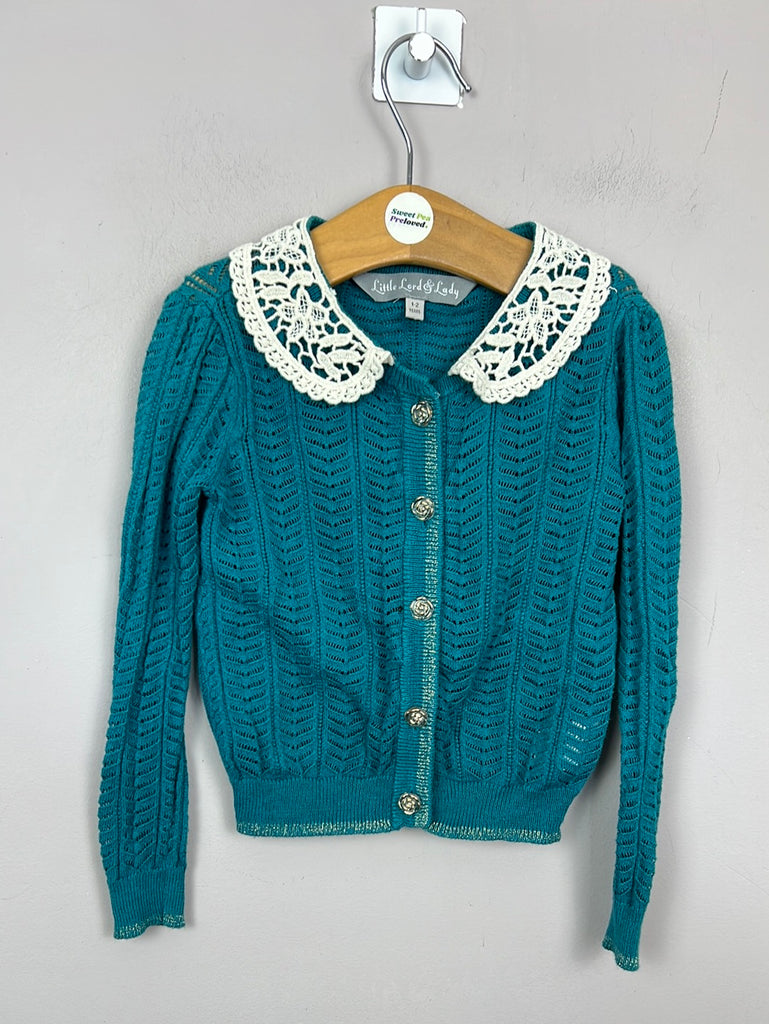 Secondhand luxury kids Little Lord & Lady Winifred teal pointelle cardigan 1-2y