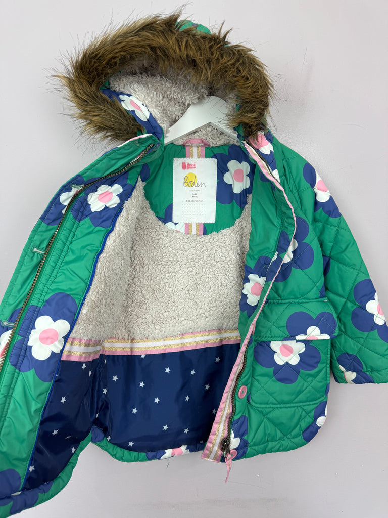 Secondhand Kids Boden Green Floral Padded Coat 2-3y -Sweet Pea Preloved Clothes 