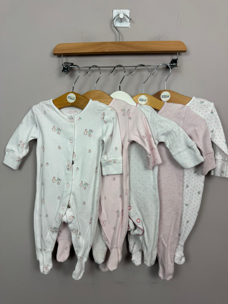 1m Next pink & white bunny sleepsuits x5 - Sweet Pea Preloved