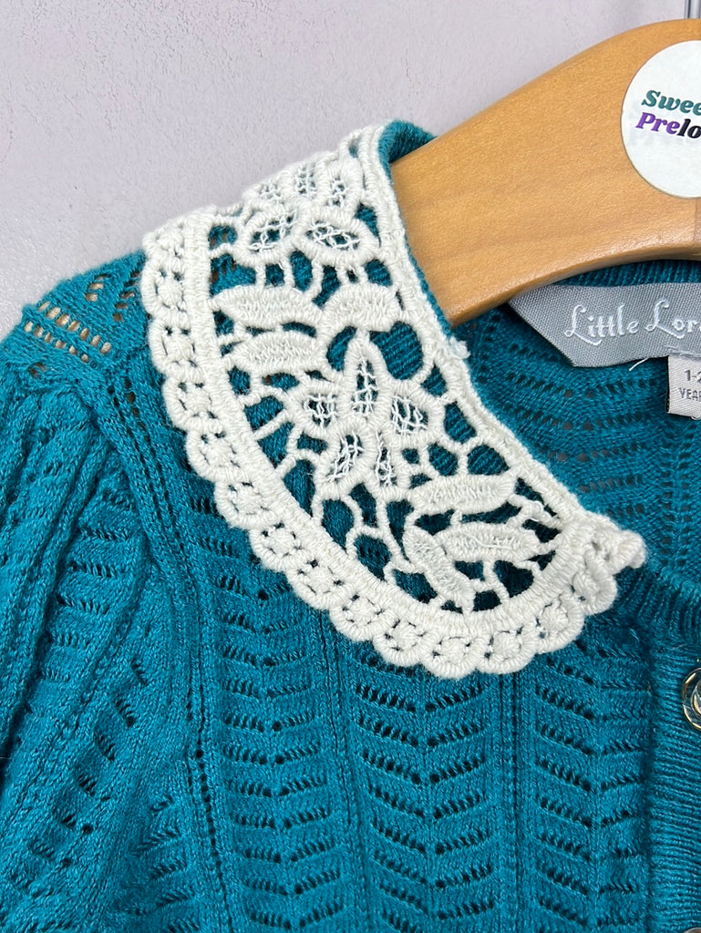Little Lord & Lady Winifred teal pointelle cardigan 1-2y