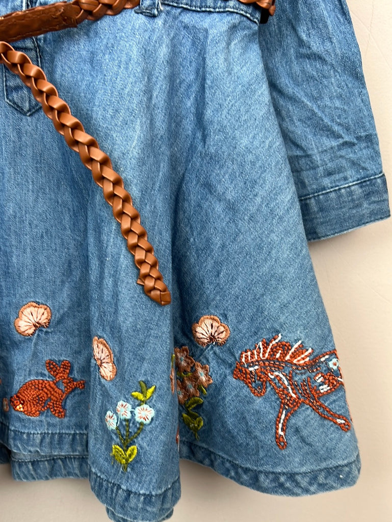 Pre loved baby Mantaray embroidered denim dress with belt 12-18m