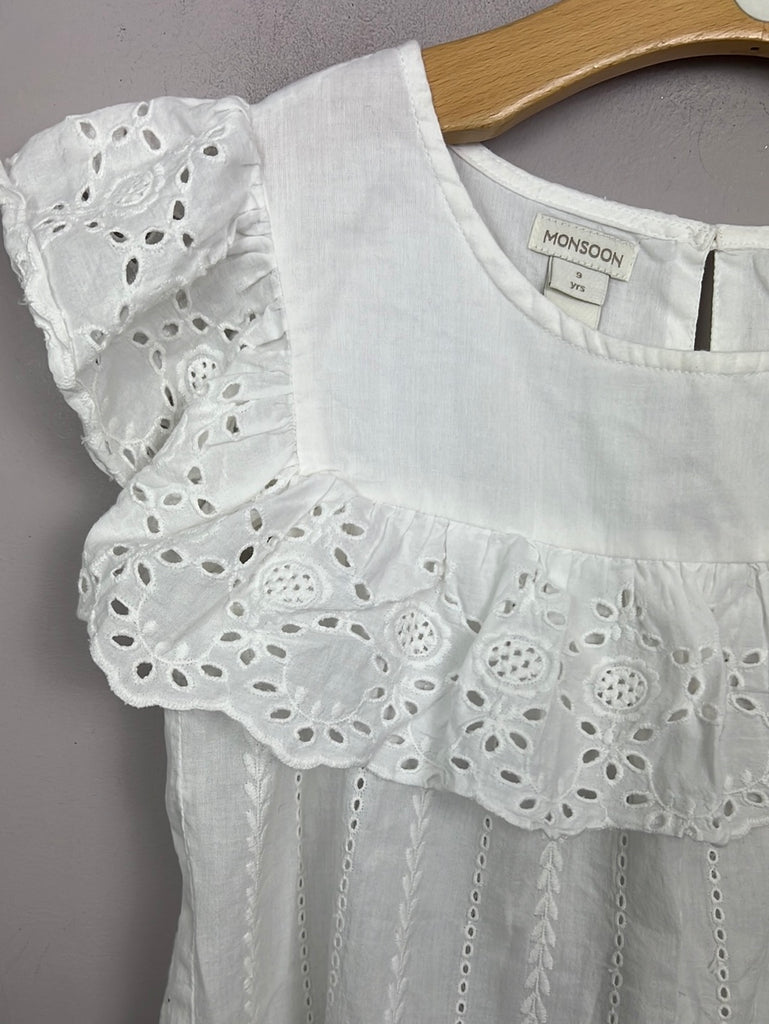 Pre Loved Kids Monsoon White Embroidered Broderie Top 9y