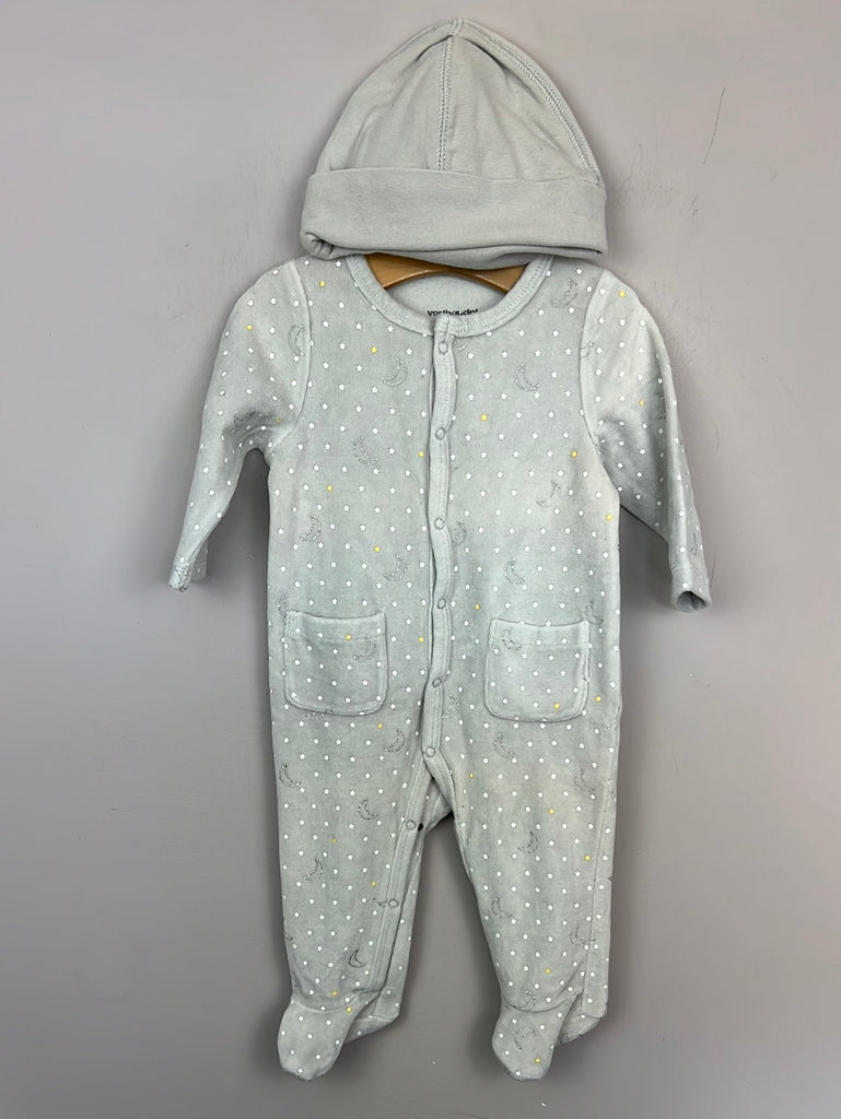 Second Hand Baby Vertbaudet Grey Velour Sleepsuit & Hat 6m