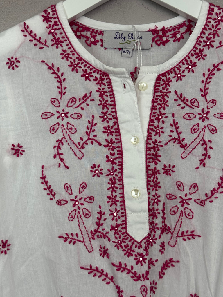 Lily Rose Embroidered white/cerise kaftan 6-7y