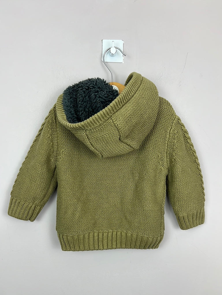 Pre Loved Next Olive Hooded borg lined cardigan 9-12m - Back