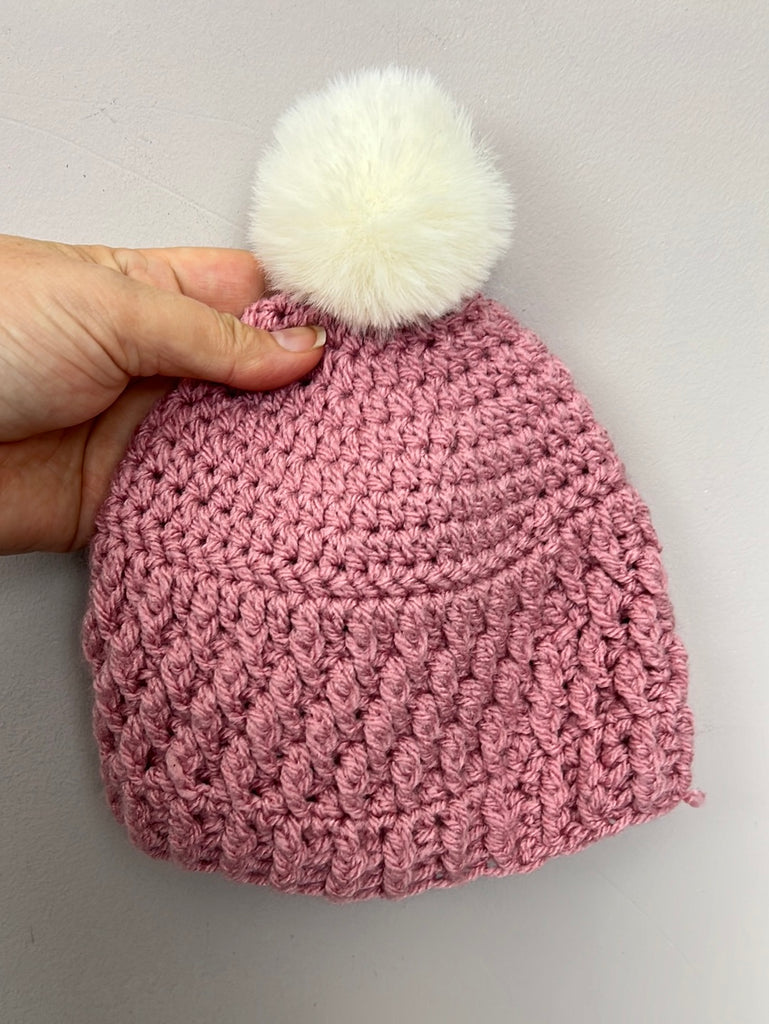 Hand Knit Pink Pom Pom Hat 3-12m