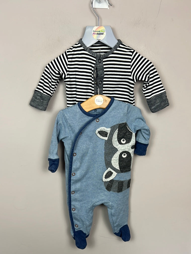 Pre Loved Baby Next Racoon/ stripe sleepsuits up to 1 month