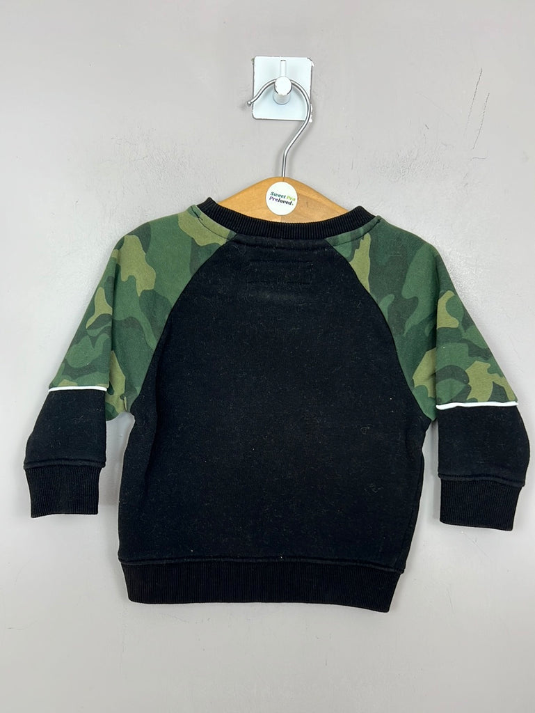 Secondhand baby Next black sweatshirt camo sleeves 9-12m