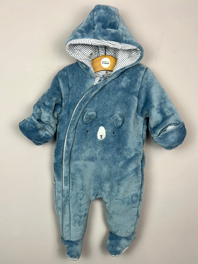 Pre Loved Baby Mothercare blue bear fur pramsuit 1-3m