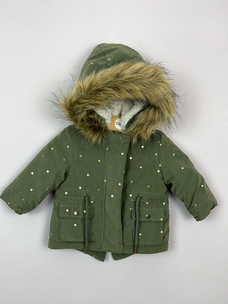 Second hand baby La Redoute Olive star print Parka Jacket 3m