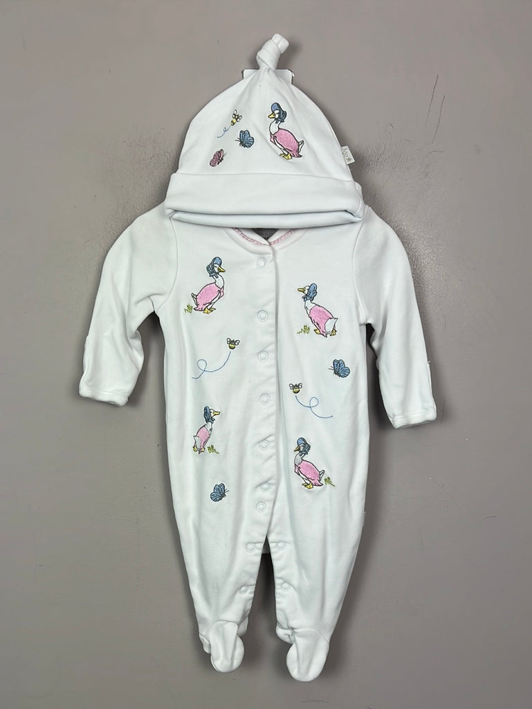 Pre Loved Baby Jojo Maman Bebe Pink Jemima puddle duck sleepsuit with hat 0-3m