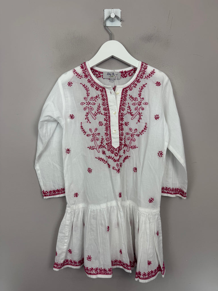 Lily Rose Embroidered white/cerise kaftan 6-7y secondhand children -sweet pea preloved