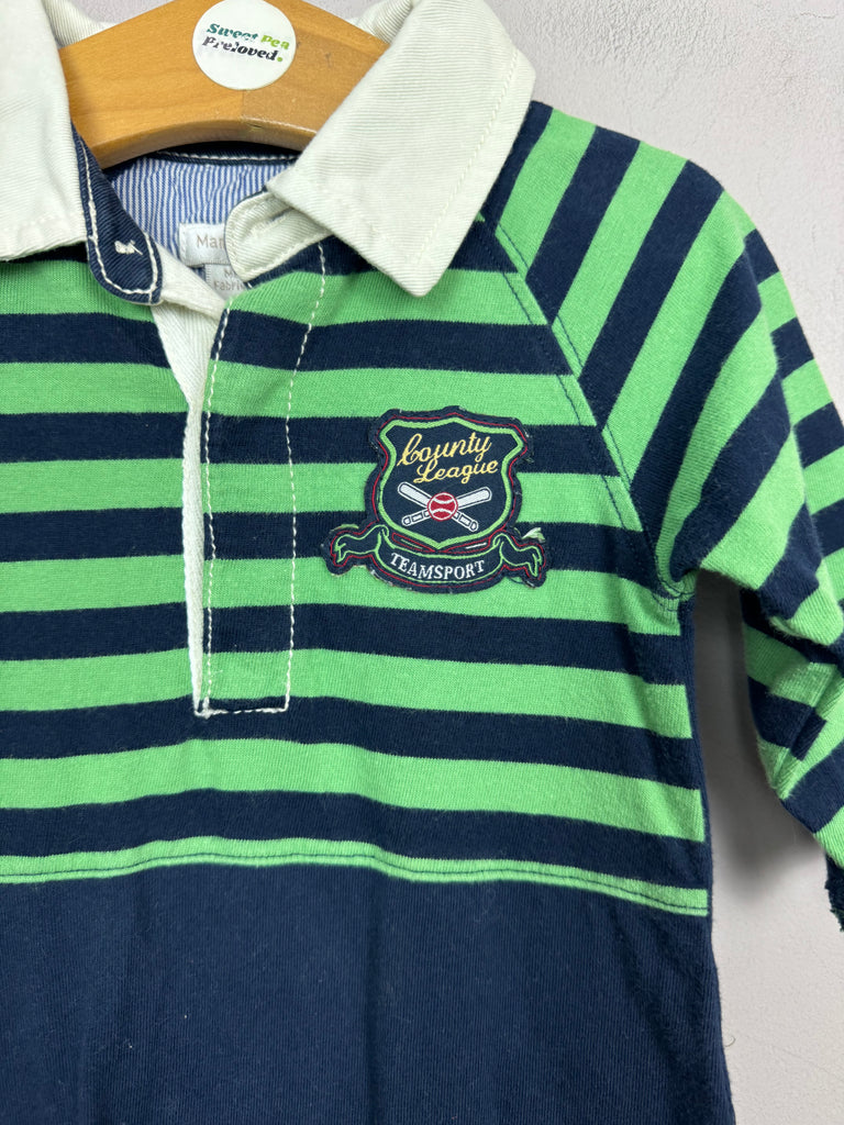 Second Hand Baby Mamas & Papas Green navy rugby romper 0-3m