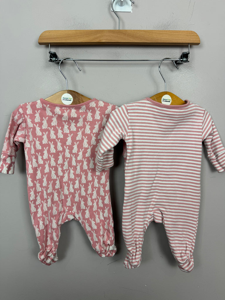 Secondhand baby Next pink stripe/bunny zipped sleepsuits First Size