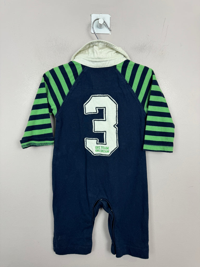 Pre Loved Baby Mamas & Papas Green navy rugby romper 0-3m