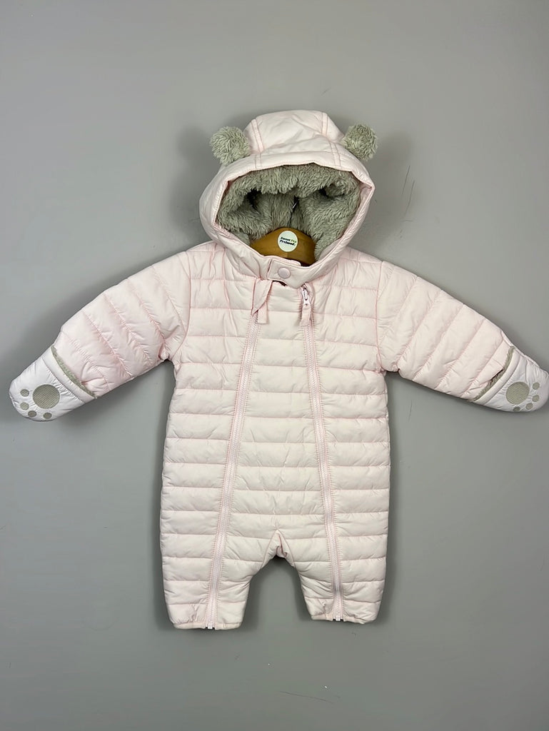 Little White Company pink quilted snowsuit 0-3m