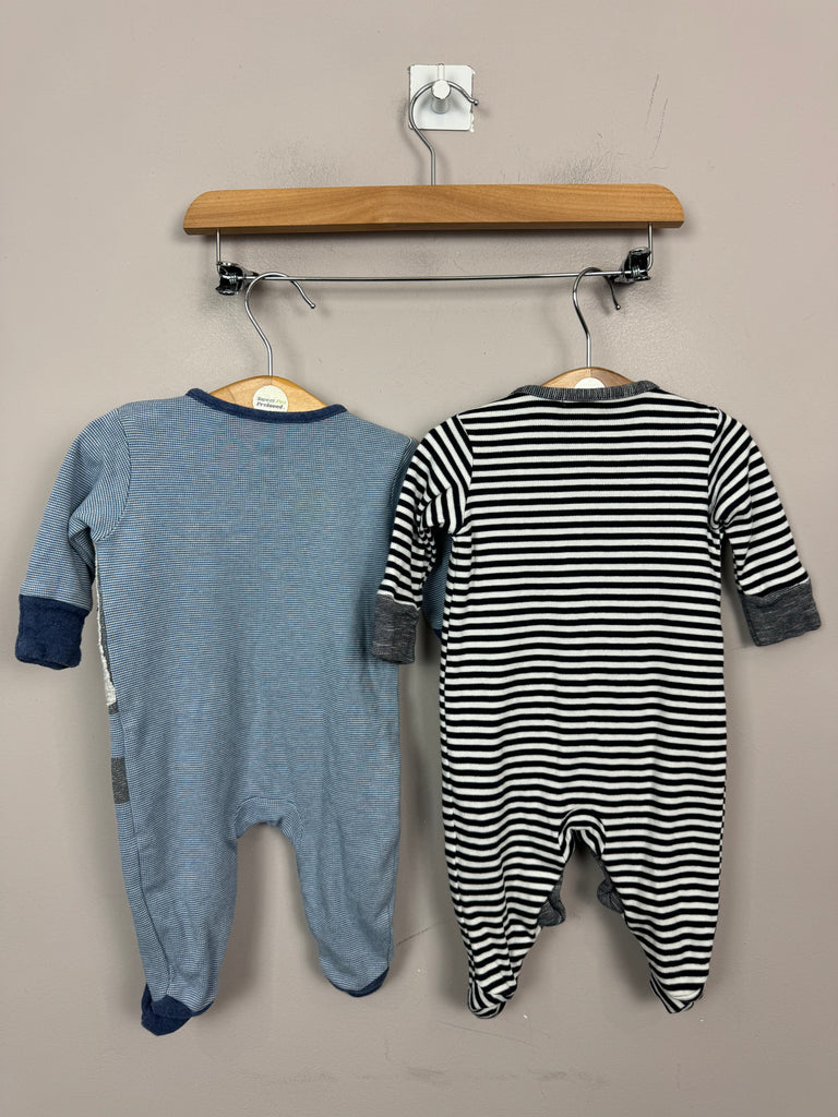 Pre Loved Baby Next Racoon/ stripe sleepsuits up to 1 month