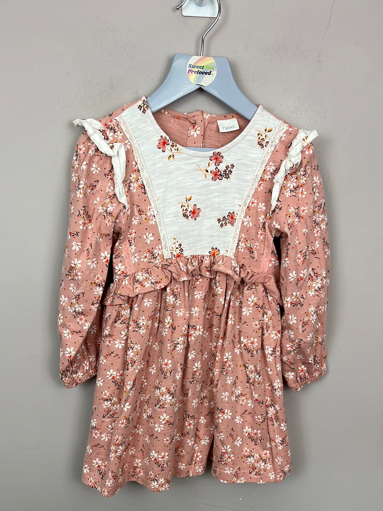 Pre loved children’s Next pink ruffle front floral jersey Dress 2-3y
