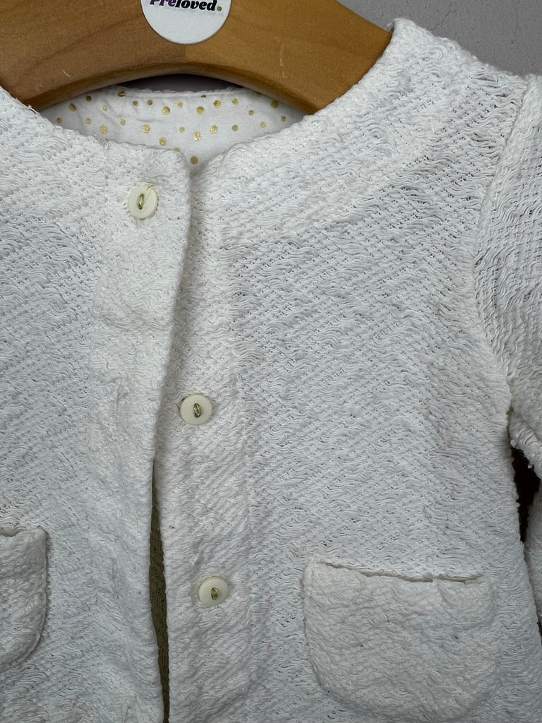 Zara white textured cardigan with gold spot trim 6-9m- Sweet Pea Preloved