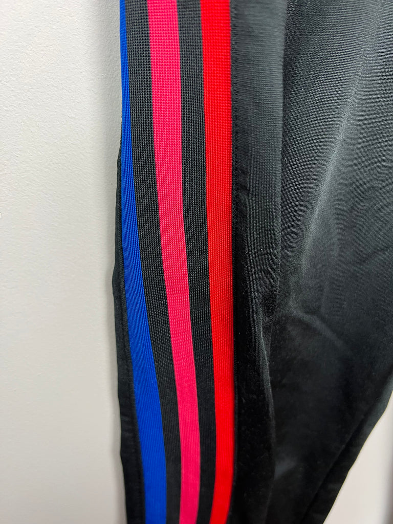 Second hand boys Adidas black poly joggers with red/pink/blue 3 stripes 12-13y