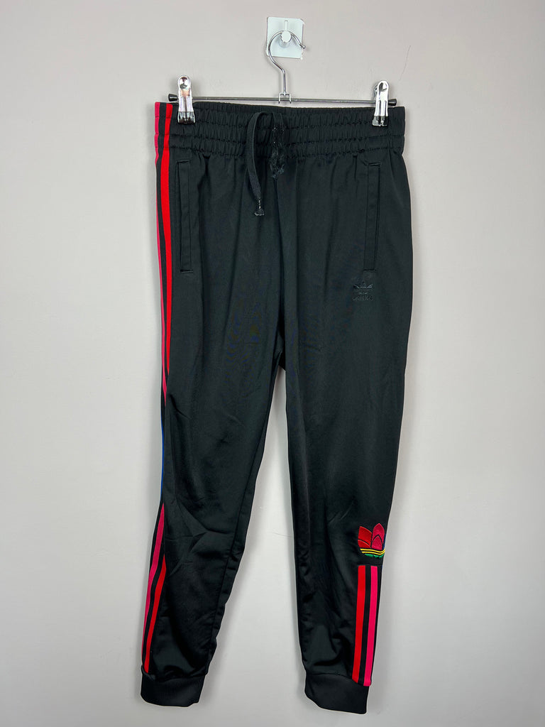 Second hand kids Adidas black poly joggers with red/pink/blue 3 stripes 12-13y