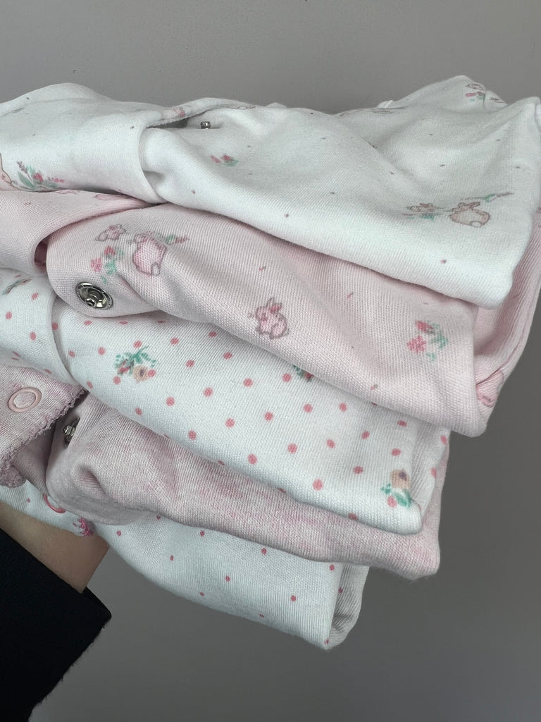 1m Next pink & white bunny sleepsuits x5 - Sweet Pea Preloved Clothes