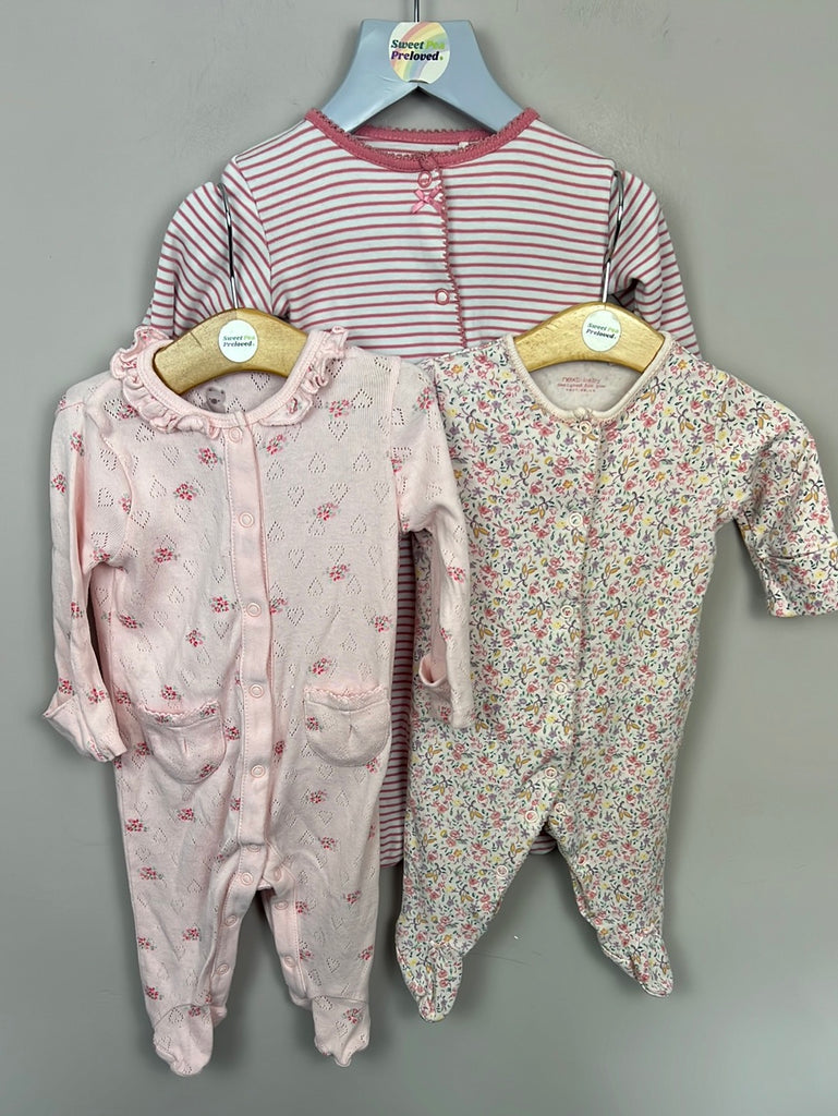 Second Hand baby Next Pink floral/pointelle/stripe Sleepsuits 0-3m