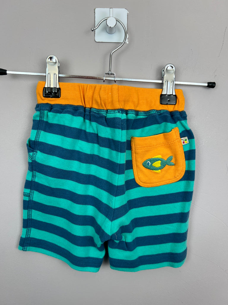 6-12m Frugi fish teal/navy stripe jersey shorts - Sweet Pea Preloved Clothes