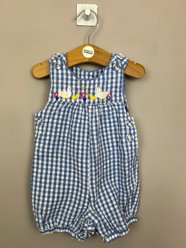 Second Hand 3-6m Jojo Maman Bebe blue gingham duck embroidered playsuit - Sweet Pea Preloved Clothes