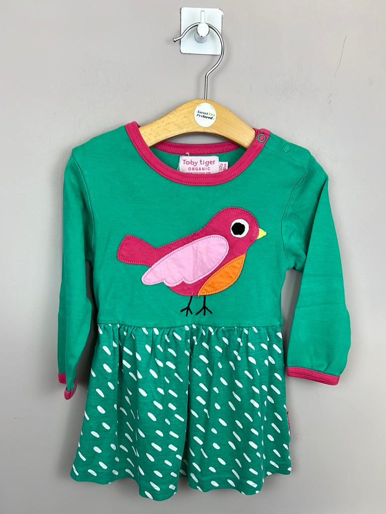 Second Hand Baby Toby Tiger Green Bird Organic Jersey Twirl Dress 1-2y