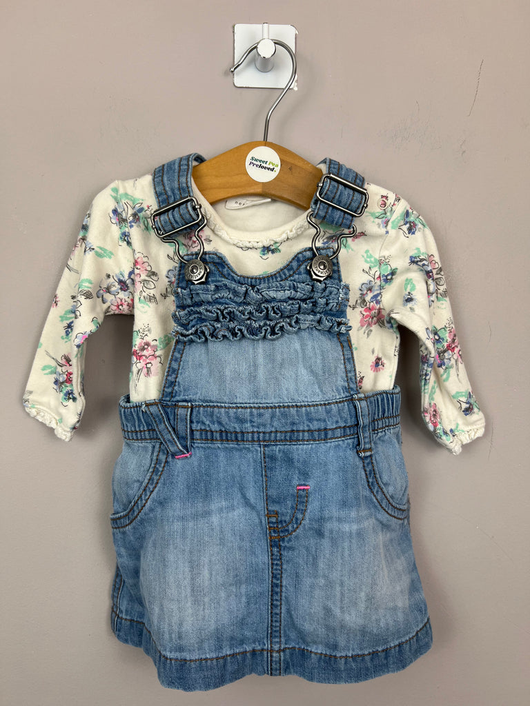 0-3m Next short denim dungarees with floral bodysuit - Sweet Pea Preloved Clothes