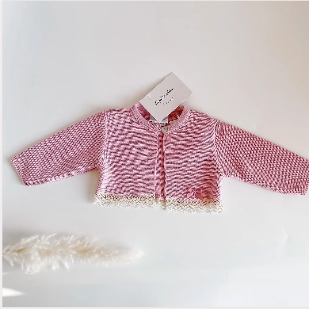Pink Fine Knit Bolero Cardigan With Lace Trim & Bow 0-3m, 3-6m, 6-12m - Sweet Pea Preloved Clothes