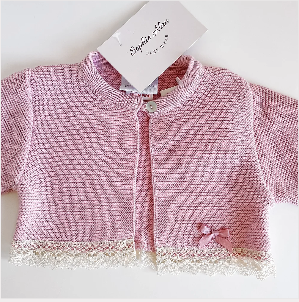 Pink Fine Knit Bolero Cardigan With Lace Trim & Bow 0-3m, 3-6m, 6-12m - Sweet Pea Preloved Clothes