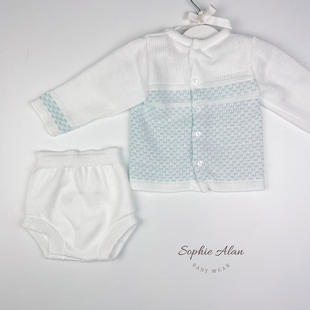 Pex White & Blue Knitted Jam Pants Set sizes 3m to 12m - Sweet Pea Preloved Clothes