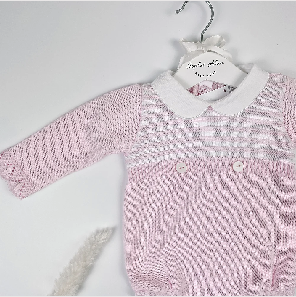 Pex Pink White Knitted Romper With Buttons in sizes Newborn to 12m - Sweet Pea Preloved Clothes