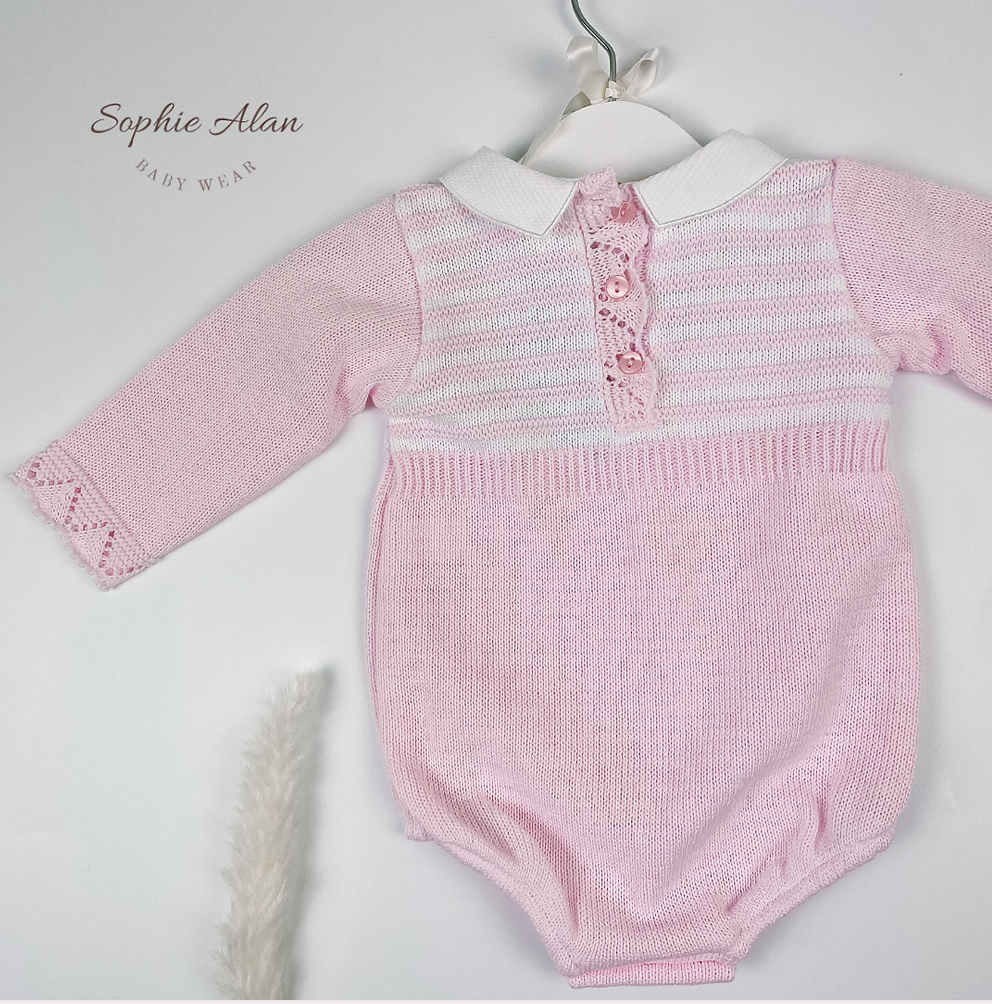 Pex Pink White Knitted Romper With Buttons in sizes Newborn to 12m - Sweet Pea Preloved Clothes