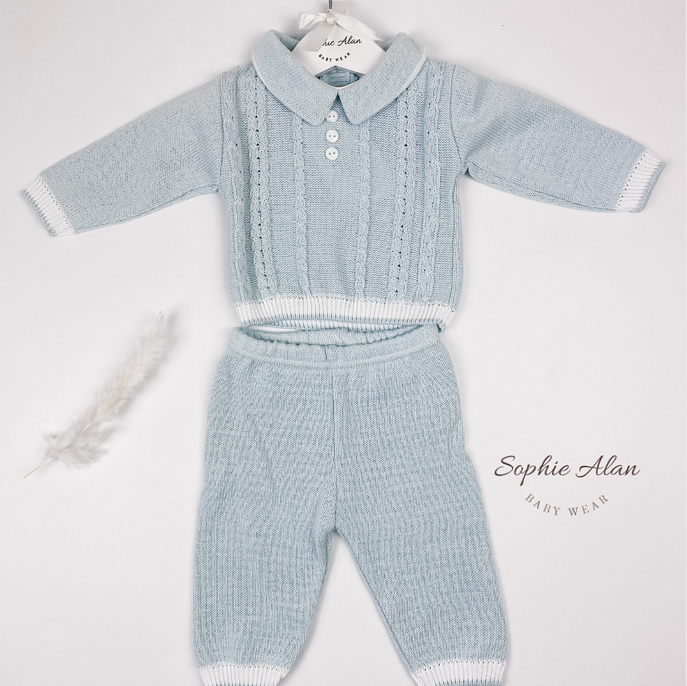 Pex Blue White Polo Cotton Cable Knitted Long Set 