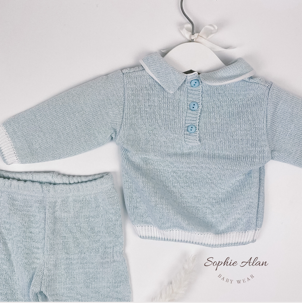 Pex Blue White Polo Cotton Cable Knitted Long Set sizes newborn to 18m - Sweet Pea Preloved Clothes
