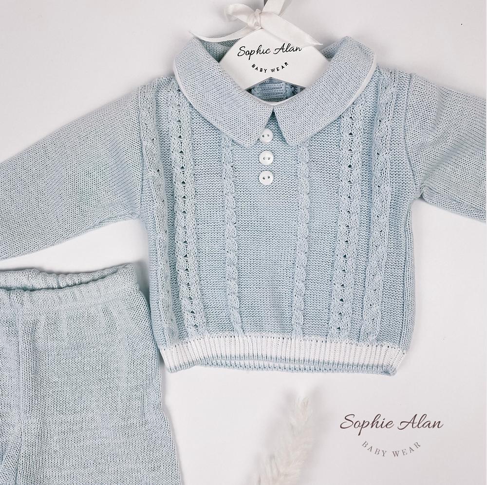Pex Blue White Polo Cotton Cable Knitted Long Set sizes newborn to 18m - Sweet Pea Preloved Clothes