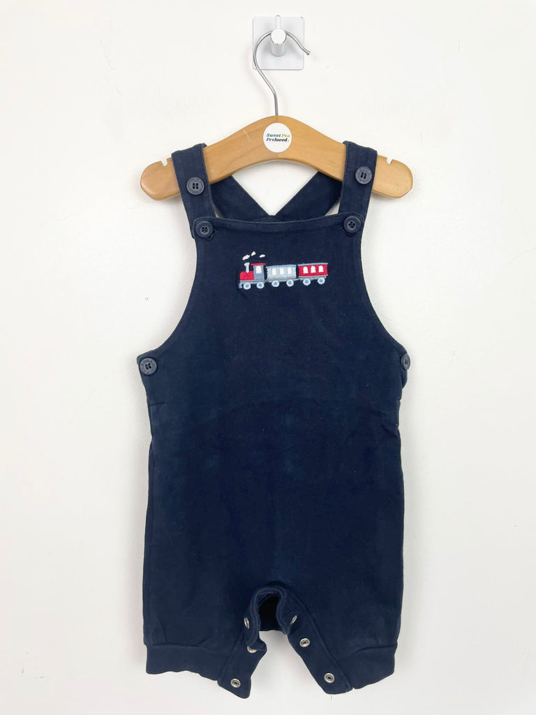 Second hand baby Jojo maman bebe navy train dungarees - Sweet Pea Preloved Clothes