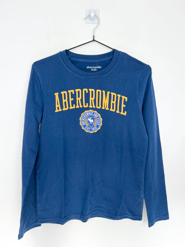 Second hand teen Abercrombie yellow logo long sleeve blue t-shirt - Sweet Pea Preloved Clothes