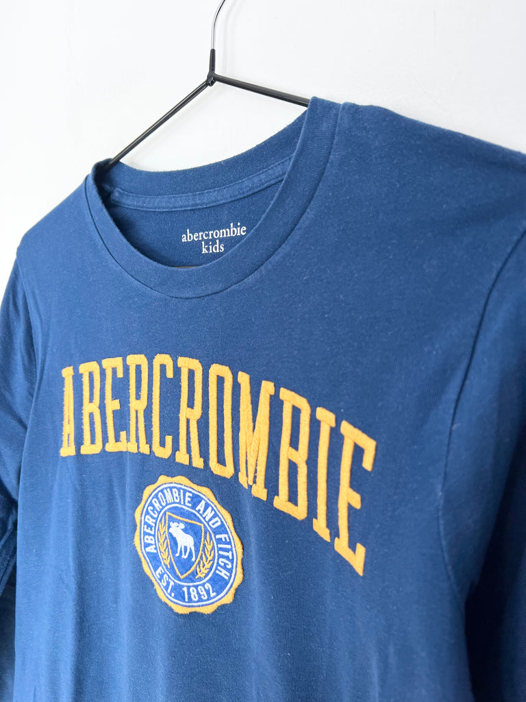 13-14y Abercrombie yellow logo long sleeve blue t-shirt - Sweet Pea Preloved Clothes