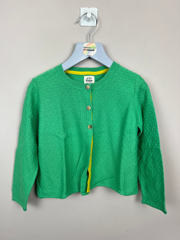 Second hand mini Boden pea green fine knit cotton cashmere cardigan - Sweet Pea Preloved Clothes