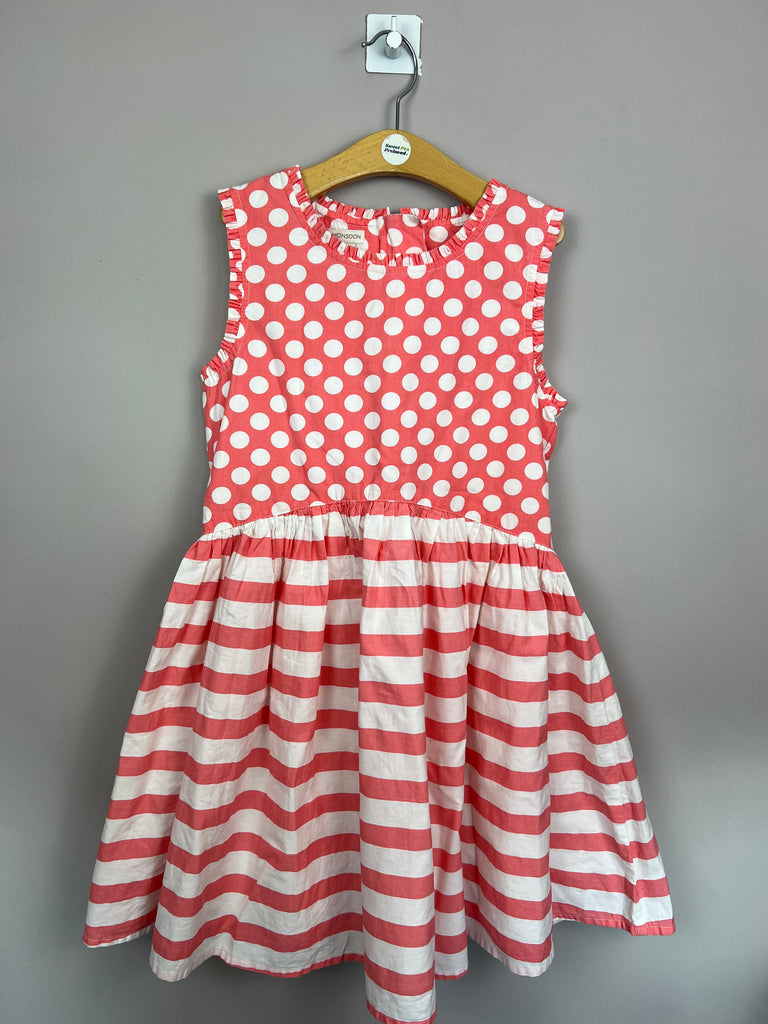 Second hand Girls Monsoon coral spots/stripes party dress - Sweet Pea Preloved Clothes