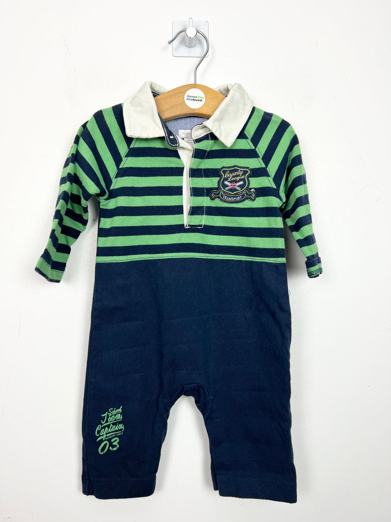 Second Hand Mamas & Papas Green navy rugby romper - Sweet Pea Preloved Clothes