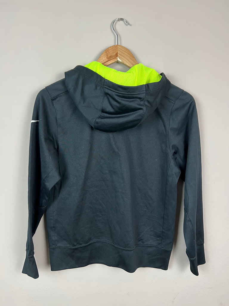 Second hand older kids Nike Dri Fit Black zip through hoodie Neon logo - Sweet Pea Preloved Clothes
