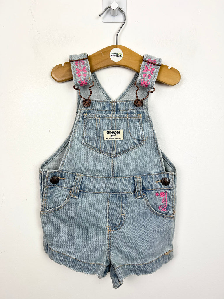 9m Oshkosh light denim pink embroidered short dungarees - Sweet Pea Preloved Clothes